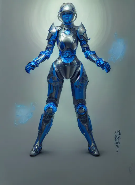 Image similar to ceramic cyborg armor, Chinese blue, diffuse lighting, fantasy, intricate, elegant, highly detailed, lifelike, photorealistic, digital painting, artstation, illustration, concept art, smooth, sharp focus, art by John Collier and Albert Aublet and Krenz Cushart and Artem Demura and Alphonse Mucha