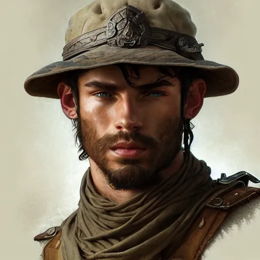 Prompt: portrait of a rugged ranger, handsome, muscular, 20 years old, D&D, fantasy, intricate, elegant, highly detailed, digital painting, artstation, concept art, matte, sharp focus, illustration, art by Artgerm and Greg Rutkowski and Alphonse Mucha