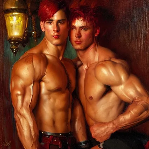 Prompt: attractive muscular male with red hair with muscular attractive male with black hair, drinking their hearts out, in a pub. very defined and highly detailed painting by gaston bussiere, j. c. leyendecker, craig mullins 8 k