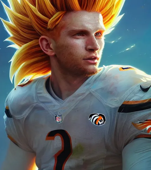 Image similar to highly detailed portrait of super saiyan cooper kupp cincinnati bengals football, unreal engine, fantasy art by greg rutkowski, loish, rhads, ferdinand knab, makoto shinkai and lois van baarle, ilya kuvshinov, rossdraws, tom bagshaw, global illumination, radiant light, detailed and intricate environment