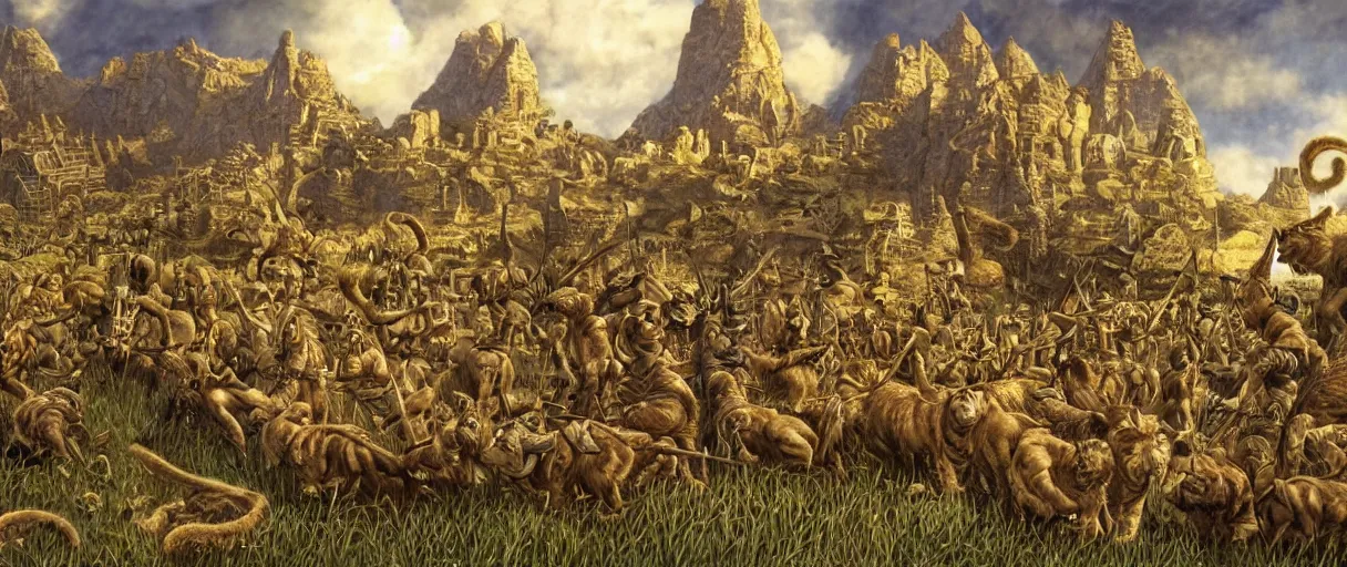 Prompt: A beautiful illustration of a civilization of anthropomorphic Feline warriors by Ted Nasmith | Graphic Novel, Visual Novel, Colored Pencil, Comic Book:.3 | unreal engine:.5 | establishing shot