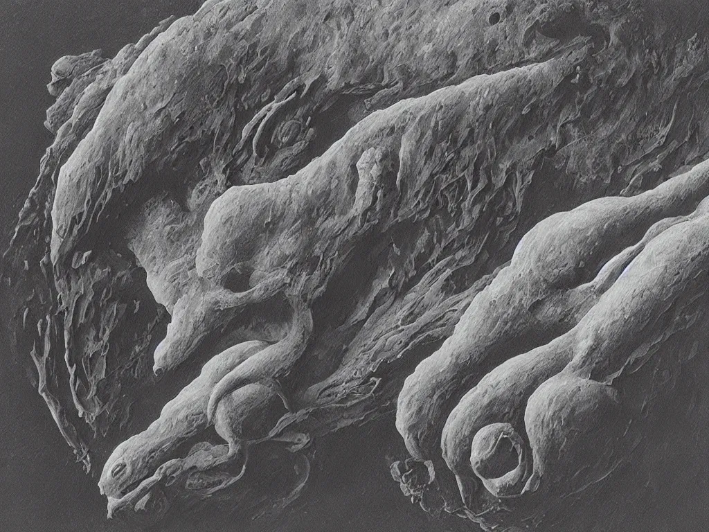 Image similar to Close up of an strange alien animal living on a comet. Painting by Walton Ford, Roger Dean, Karl Blossfeldt