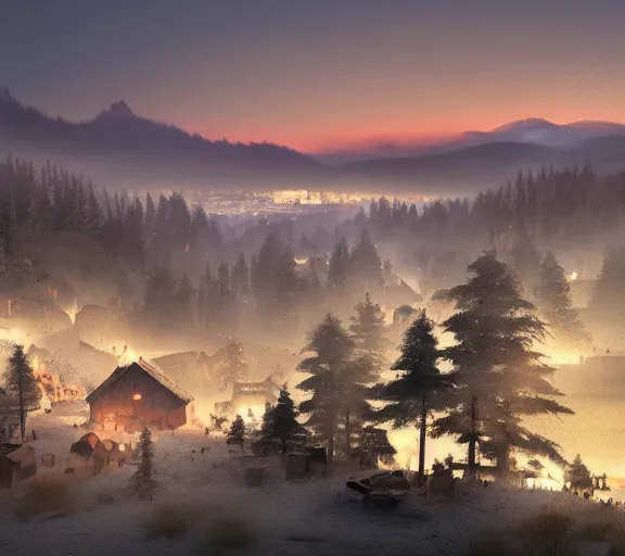 Prompt: a viking village in December, overlooking a horseshoe bay. Smokey morning and pine forest. Trending on artstation. By John Avon.