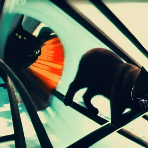 Image similar to happy black cat on a rollercoaster looping. focus on the cat. sunlight. polaroid photo. vivid colors.