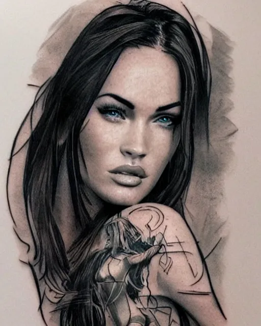 Image similar to double exposure effect tattoo design sketch of megan fox with amazing mountain scenery, realism tattoo, in the style of den yakovlev, amazing detail, sharp