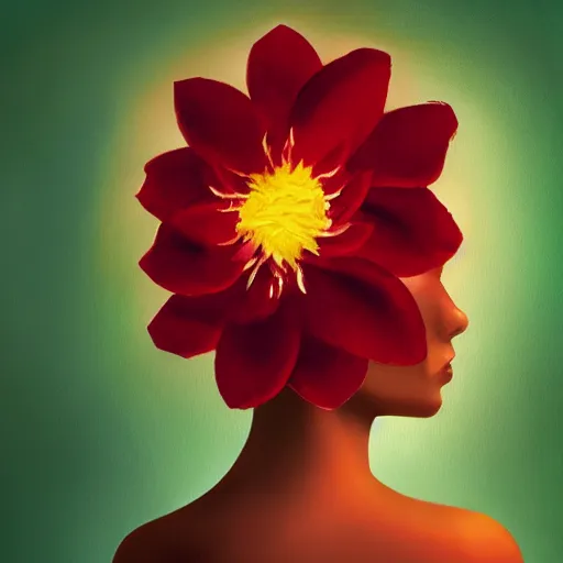 Image similar to huge flower as head, woman standing in a luxury apartment, surreal photography, dramatic light, impressionist painting, digital painting, artstation, georgia o'keeffe