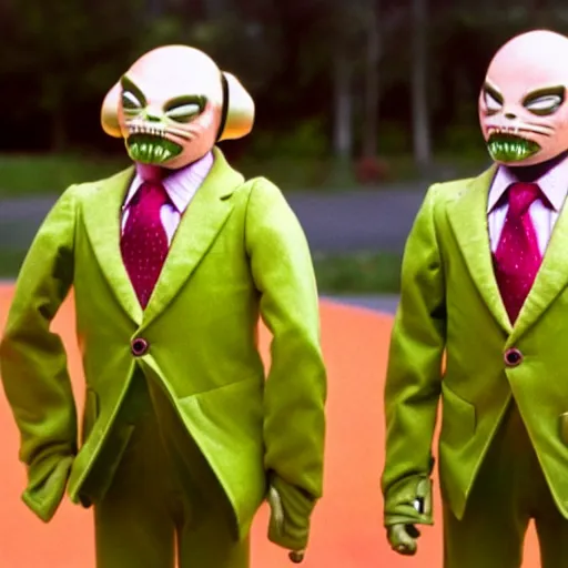 Prompt: two deformed cloned alien men brothers dressed in cheesy 80s suits. Candid photograph.