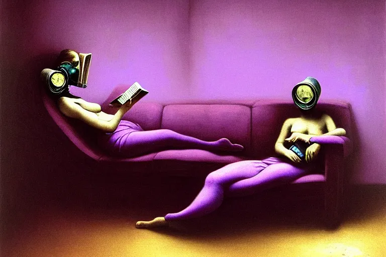 Image similar to girl with wearing a gas mask lying on the sofa reading a book in her room, in the style of beksinski, intricate and epic composition, purple by caravaggio, insanely quality, highly detailed, masterpiece, purple light, artstation, 4 k