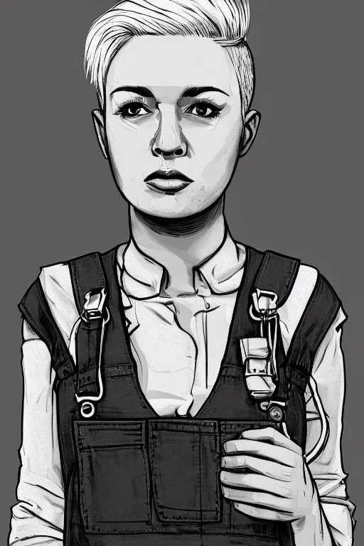 Image similar to portrait of a military engineer woman with short white hair, wearing overalls, medium shot, portrait, concept art, vector line art, natural lighting, somber, solemn, serious, illustration, highly detailed, artstation,