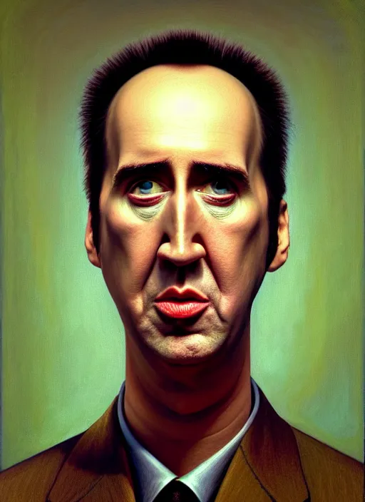 Image similar to hyper detailed 3d render like an Oil painting - Portrait of nicholas cage as an anthropomorphic pickle by Jacek Yerka, Mariusz Lewandowski, Houdini algorithmic generative render, Abstract brush strokes, Masterpiece, Edward Hopper and James Gilleard, Zdzislaw Beksinski, Mark Ryden, Wolfgang Lettl, hints of Yayoi Kasuma, octane render, 8k