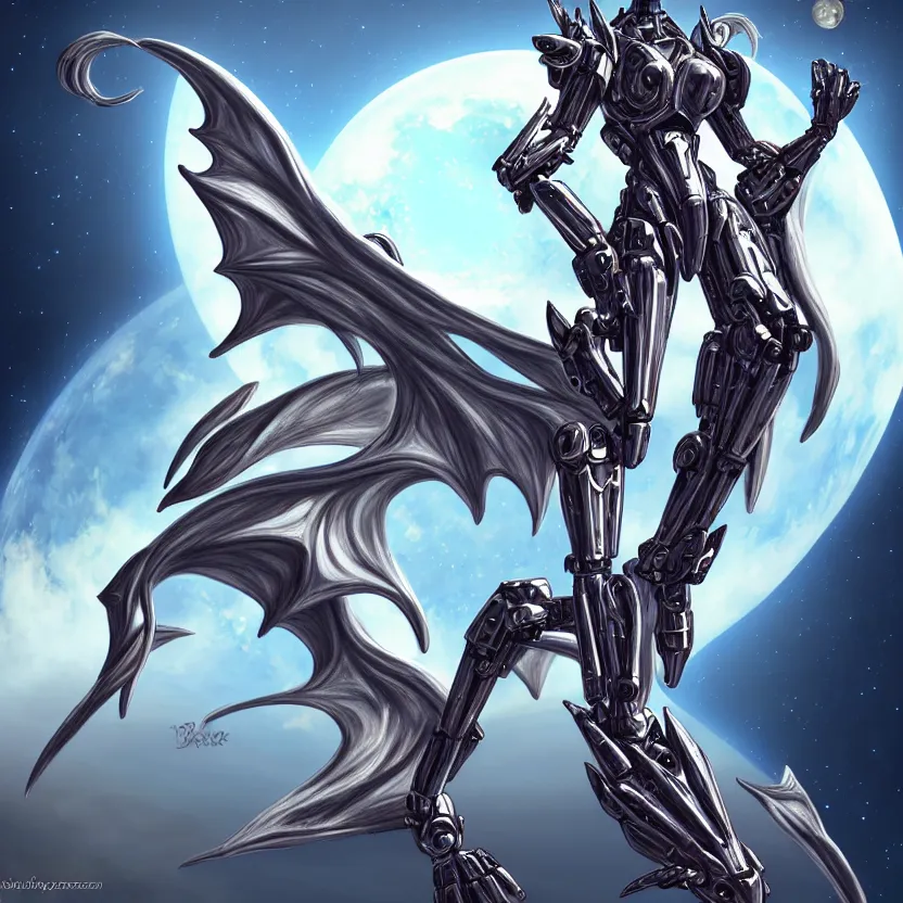 Image similar to goddess shot, galactic sized stunning beautiful anthropomorphic robot mecha female dragon, in space, larger than planets, posing elegantly, holding earth in sharp claws, detailed silver armor, epic proportions, epic scale, ultra detailed digital art, furry art, macro art, dragon art, giantess art, warframe fanart, furaffinity, deviantart, realistic