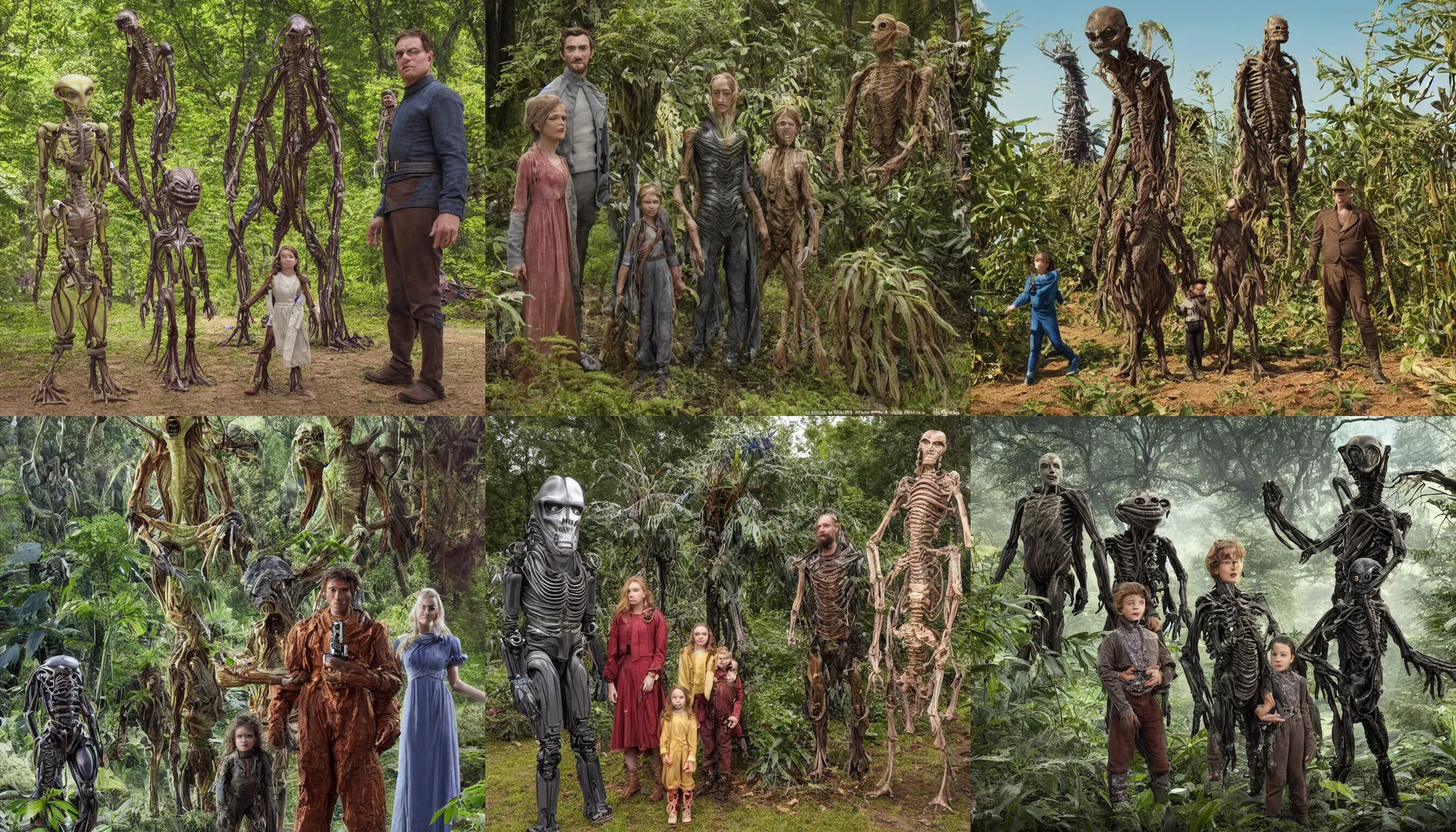 Prompt: highly detailed, 435456k film, 1612800mm film still from a sci fi blockbuster color movie made in 2019, set in 1860, of a human family standing with an humanoid alien, next to a strange alien plant, in a park on an alien planet, the family are wearing 1860s era clothes, good lighting, good photography, ultra high definition, in focus, 35mm macro lens