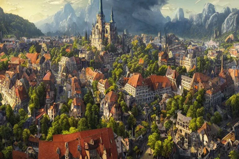 Image similar to an ultra detailed matte landscape painting of an german renaissance capital city built into the side of a mountain with many tall spirally towers, sweeping vista, german renaissance architecture, ultrawide lens, aerial photography, 8 k, volumetric lighting, smooth, highly detailed, digital illustration, art by greg rutkowski and akira toriyama and artgerm