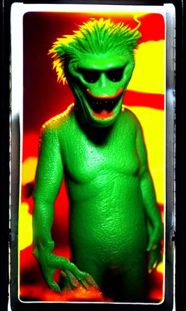 Prompt: slimy green gary busey creature, 9 0 s toy commercial, photo from the 7 0 s, horror lighting, neon lighting, polaroid photo,