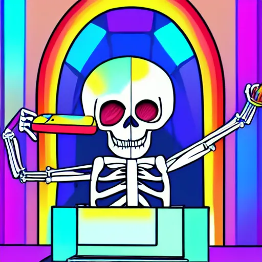 Prompt: a rainbow skeleton wearing a suit sitting at a desk typing on a computer, cute, colorful, pastel, digital ark, 4k, clean lines, well lit, office, neon, artstation,