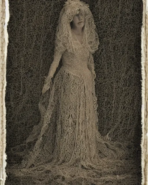 Image similar to a woman standing by the sea, made of intricate decorative lace leaf skeleton, in the style of the dutch masters and gregory crewdson, dark and moody