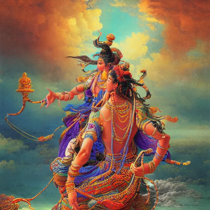 Image similar to One many-armed Shiva. Background in colorful patterns. High detail, hyperrealism, masterpiece, solo, rich deep colors, realistic, art by Yoshitaka Amano, Ivan Aivazovsky