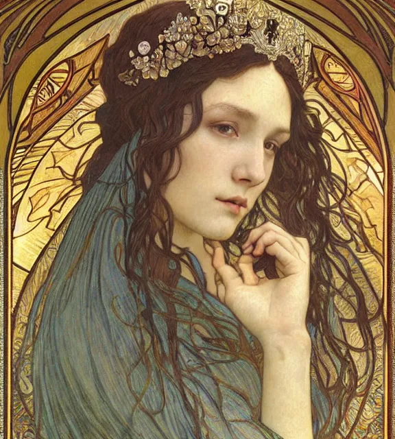 Image similar to detailed realistic beautiful young medieval queen face portrait by jean delville, alphonse mucha, vincent van gogh, and marco mazzoni, art nouveau, symbolist, visionary, gothic, pre - raphaelite