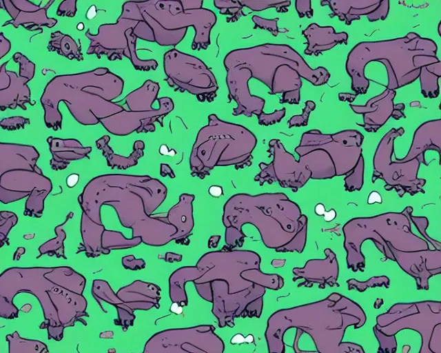 Image similar to A swarm of alien hippos, adventure time