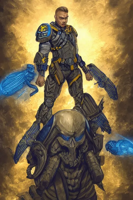 Image similar to an accurate picture of a super soldier with a Ukrainian blue and yellow stripes flag standing in the beam of light from the clouds on a pile of skulls as a winner, masculine figure, D&D, fantasy, intricate, elegant, highly detailed, extremely detailed, digital painting, artstation, concept art, matte, sharp focus, symmetrical, illustration, art by Artgerm and Greg Rutkowski and Alphonse Mucha