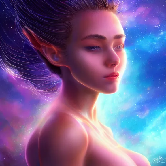 Image similar to highly detailed close up portrait of a celestial girl with a body made of cosmic energy, space background, character art, studio lightning, bright colors, intricate, masterpiece, photorealistic, hiperrealistic, sharp focus, high contrast, Artstation HQ, DeviantArt trending, 4k UHD, Unreal Engine 5