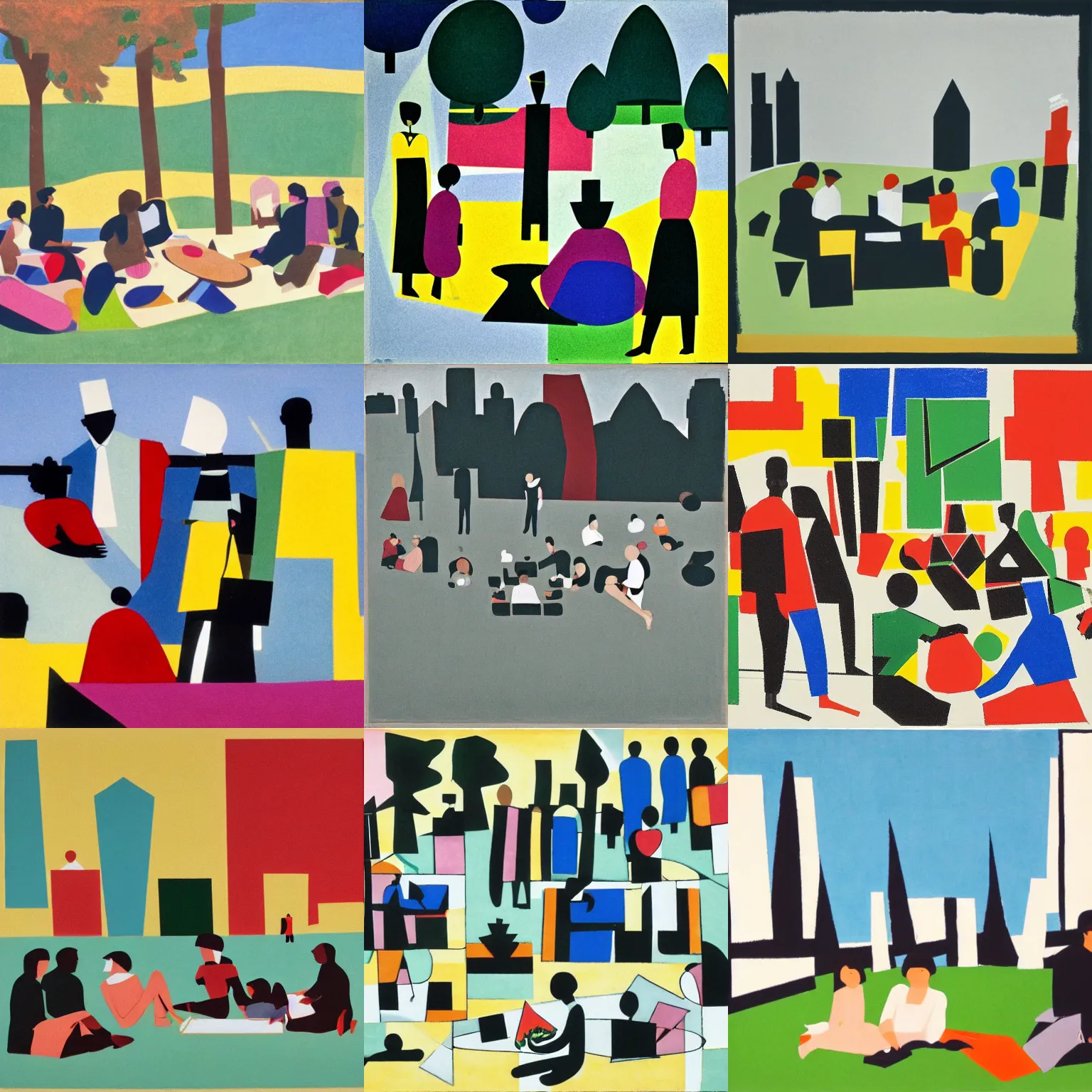 Prompt: people having a picnick in a city park on a clear day, in suprematism style