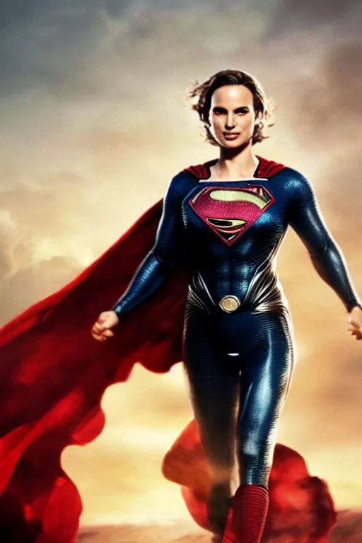 Image similar to a cinematic portrait of Man of Steel flying cast as Natalie Portman by Greg Rutkowski, full body shot