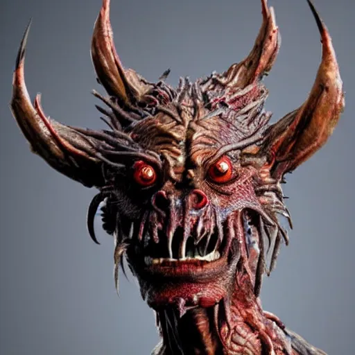 Image similar to photo taken of an epic intricate, ultra detailed, super realistic gritty, terrifying, lifelike bust sculpture of a demon hellspawn creature design created by weta workshop, zoomed in shots, photorealistic, sharp focus, cold colour temperature, f 0. 4, face centred