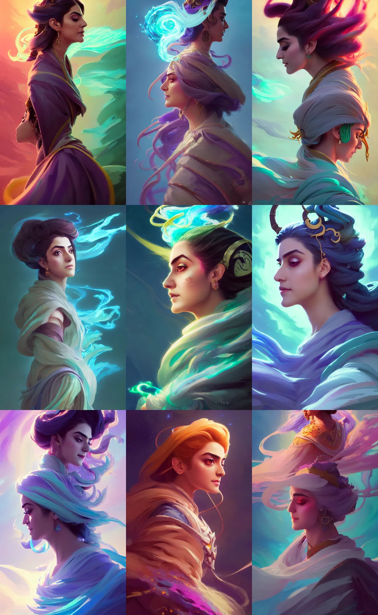 Prompt: side - view portrait, maya ali as a wind sorcerer, dota 2, robes, elegant, concept art, smooth, psychedelic, colorful swirly magic ripples, pastel colors, by huang guangjian, sachin teng, greg rutkowski, jesper ejsing, ilya kuvshinov, artgerm, mucha