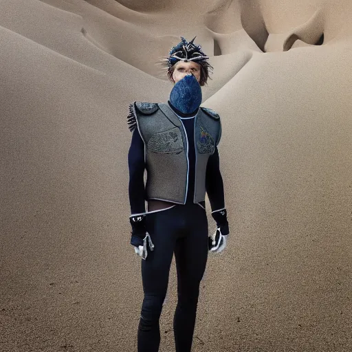 Image similar to Portrait photo of adult Austin Butler with exposed dark-hair head, dressed in grey-prussian blue Tudor-future clothing with embroidered-Rams-head-emblem, and nanocarbon-vest, in an arena in Dune 2021, XF IQ4, f/1.4, ISO 200, 1/160s, 8K