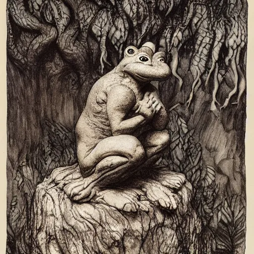 Prompt: toad philosopher toad in a pose The Thinker, swamp, by Auguste Rodin, illustrations by irish fairy tales james stephens arthur rackham, detailed toad, detailed hands, fairy tale illustrations, top cinematic lighting , cinematic mood, very detailed, shot in canon, 8k, high resolution