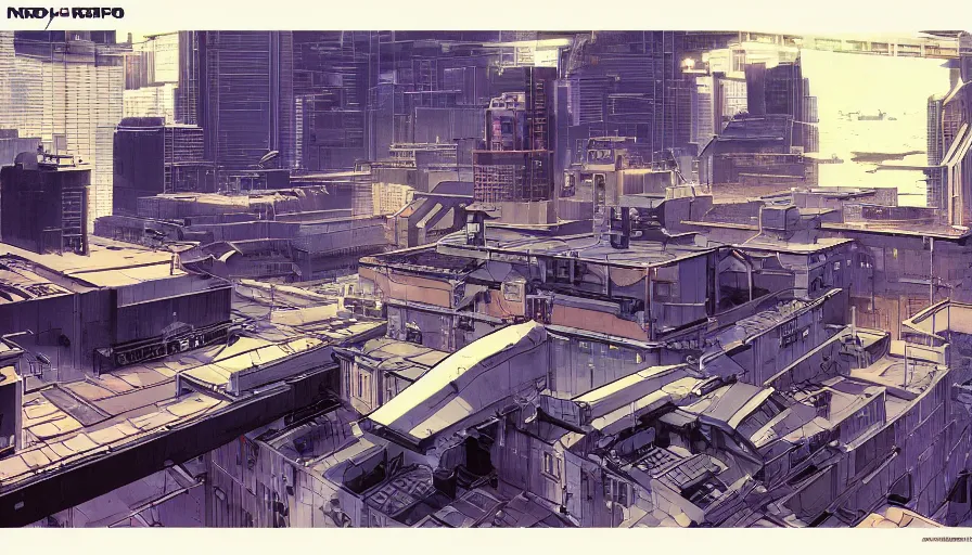 Image similar to Concept Art Illustration of neo-Tokyo Bank Headquarters Map, Bank Robbery, Anime, Highly Detailed, Special Forces Security, Searchlights, Boat Dock, For Stealth fps bank robbery simulator, Water, Akira Color Palette, Inspired by MGS2 + SAC2 + FLCL, 8k :4 by Vincent Di Fate + Arc System works + Katsuhiro Otomo : 8