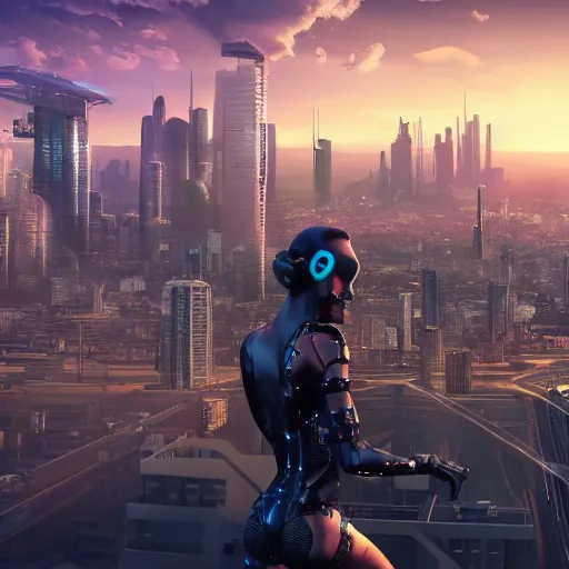 Image similar to cyber punk,eyeline view,city panorama,beautiful sunset,organic growth, panoramic,boris vallejo,luis royo,michael whelan,photorealistic,unreal engine 5,octane render,detailed