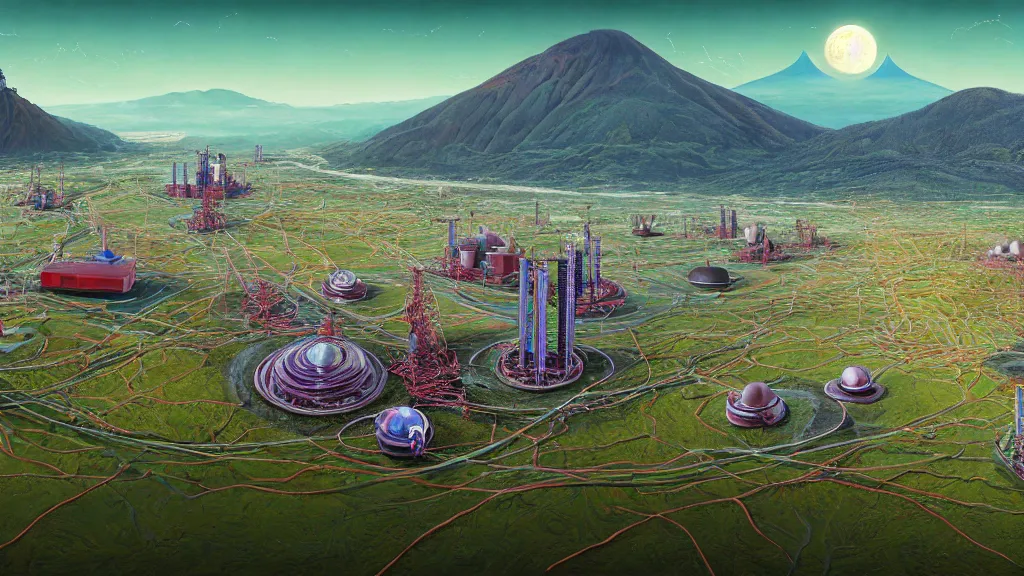 Image similar to Nuclear Breeder Reactors integrated with the town of Quito by Simon Stålenhag and Vincent Callebaut, oil on canvas; Art Direction by James Cameron; 4K, 8K; Ultra-Realistic Depth Shading