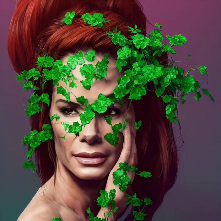 Prompt: portrait of Sandra Bullock as a Poison Ivy. intricate artwork. by Tooth Wu, wlop, beeple, dan mumford. octane render, trending on artstation, greg rutkowski very coherent symmetrical artwork. cinematic, hyper realism, high detail, octane render, 8k