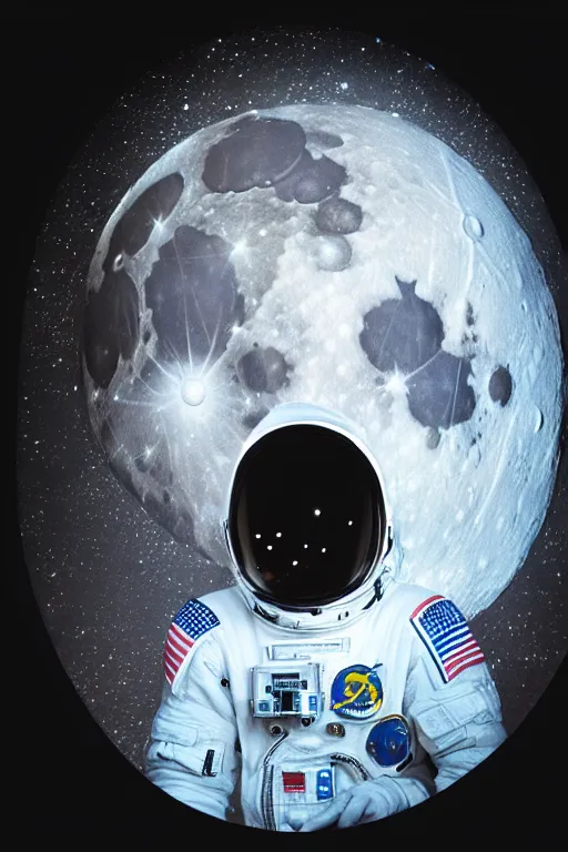 Image similar to extremely detailed portrait of space astronaut, wearing gloves, iphone in hand, reflection of the moon in visor, alien looking over shoulder from behind, extreme close shot, dramatic backlight, award winning photo by jimmy nelson