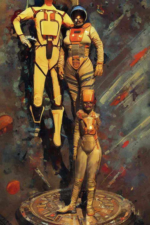 Prompt: pulp scifi fantasy illustration full body portrait of elegant woman wearing latex spacesuit standing beside martian warrior, by norman rockwell, jack kirby, bergey, craig mullins, ruan jia, jeremy mann, tom lovell, 5 0 s, astounding stories, fantasy