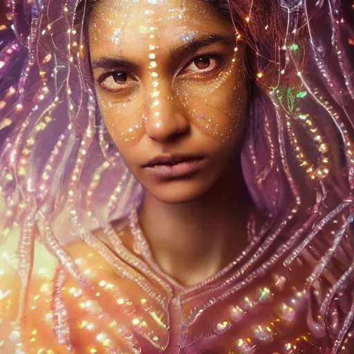 Image similar to a close - up shot of a brown woman wearing a luminous armor made of 5 0 neon jelly fishes. surrounded by jelly fishes. soft lighting. fragile. haunting eyes!! coherent face!! no makeup!! muted colors. by ray caesar. by louise dahl - wolfe. by andrea kowch. by anna claren. surreal photography