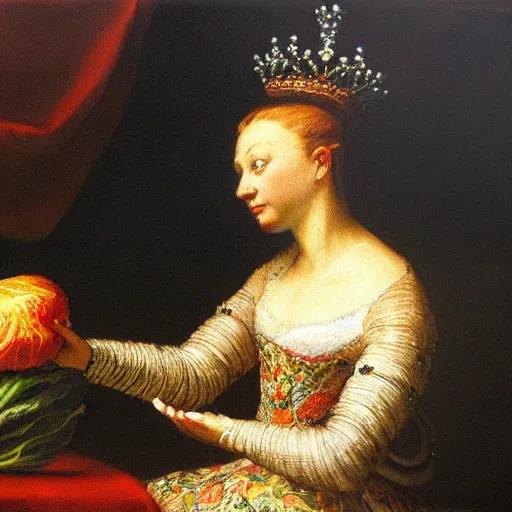 Prompt: a queen gazing at a cabbage, oil painting