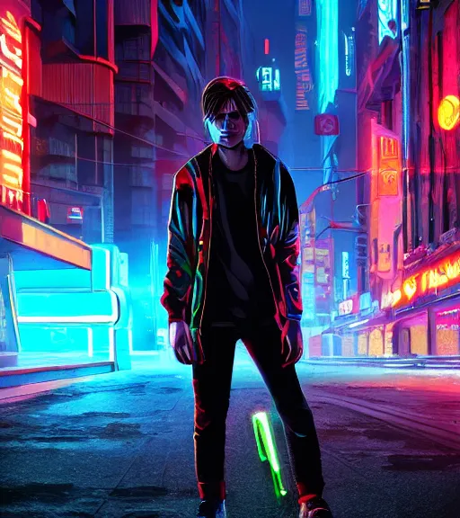 Image similar to marty mcfly wearing a futuristic outfit in a cyberpunk city, neon signs, futuristic, realistic, 8 k, extremely detailed, cgi, trending on artstation, hyper - realistic render, 4 k hd wallpaper, premium prints available, by greg rutkowski, esuthio, craig mullins, dystopian scifi gear, gloomy