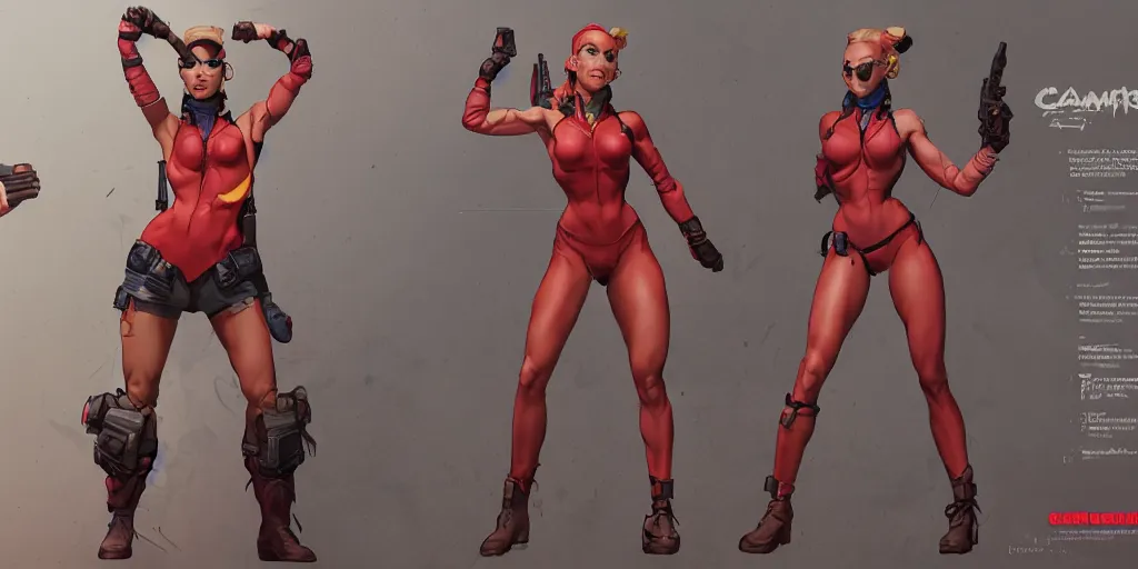 Image similar to cammy, character sheet, concept design, contrast, hot toys, kim jung gi, greg rutkowski, zabrocki, karlkka, jayison devadas, trending on artstation, 8 k, ultra wide angle, pincushion lens effect
