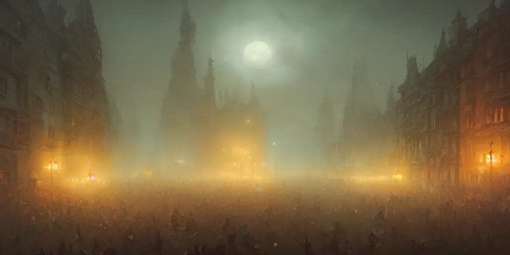 Image similar to a parade in a heavy swirling fog, soft lighting, night, stephen bliss, misty, unreal engine, fantasy art by greg rutkowski, loish, rhads, ferdinand knab, makoto shinkai and lois van baarle, ilya kuvshinov, rossdraws, tom bagshaw, illustration, detailed and intricate environment