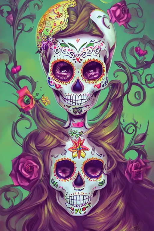Image similar to Illustration of a sugar skull day of the dead girl, art by tyler edlin