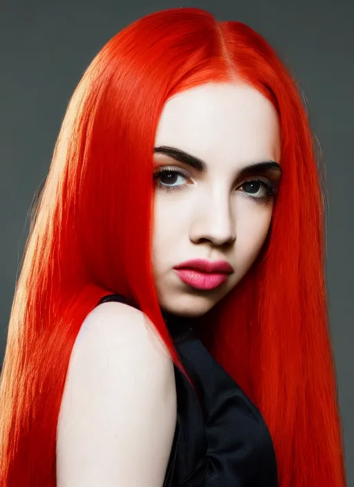 Prompt: ava max bright red hair photographed by charlotte rutherford, canon, highly realistic. high resolution. highly detailed. dramatic. 8 k. 4 k.