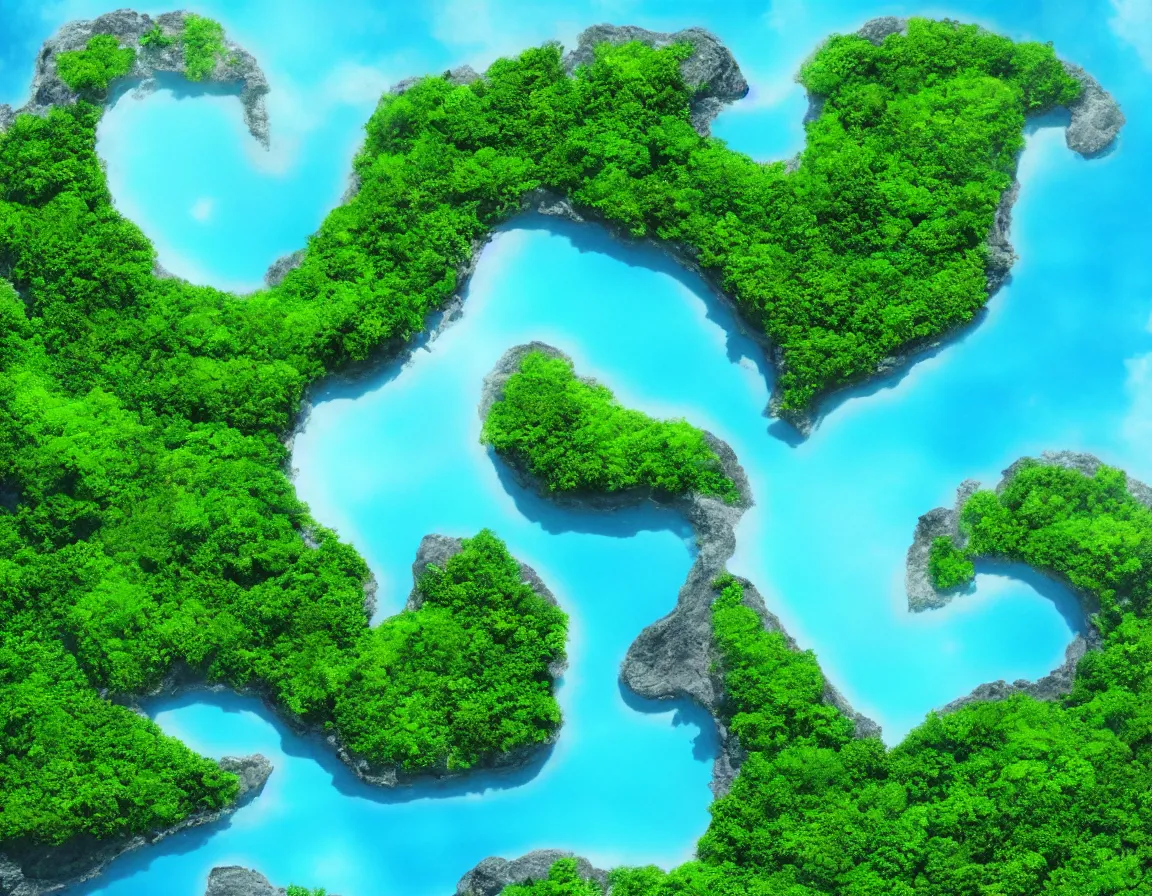 Prompt: a photo of fantasy exotic green heart / shaped island with blue lagoon, tranquil scene, trending on artstation, featured on pixiv