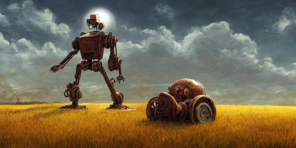 Image similar to a single colossal rusty old robot sad and alone in an empty field in the countryside with a barn on a bright sunny day by mike allred and moebiusand karol bak sharp digital painting. dreaming latent space. matte painting, concept art. artstation. digital render. realistic, 8 k
