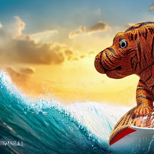 Image similar to a closeup photorealistic photograph of a smiling cute knitted tiger hippopotamus riding a large wave during sunset. surf in the background. professional capture. brightly lit scene. this 4 k hd image is trending on artstation, featured on behance, well - rendered, extra crisp, features intricate detail, epic composition and the style of unreal engine.