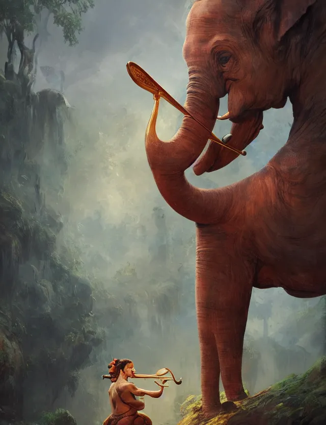 Image similar to full body, abstract painting in lush fantasy environment of a humanoid elephant with makeup on all his body and dressed like a bard, he is holding a harp, face in focus, epic, trending on artstation, masterpiece, cinematic lighting, by ross tran and by greg rutkowski