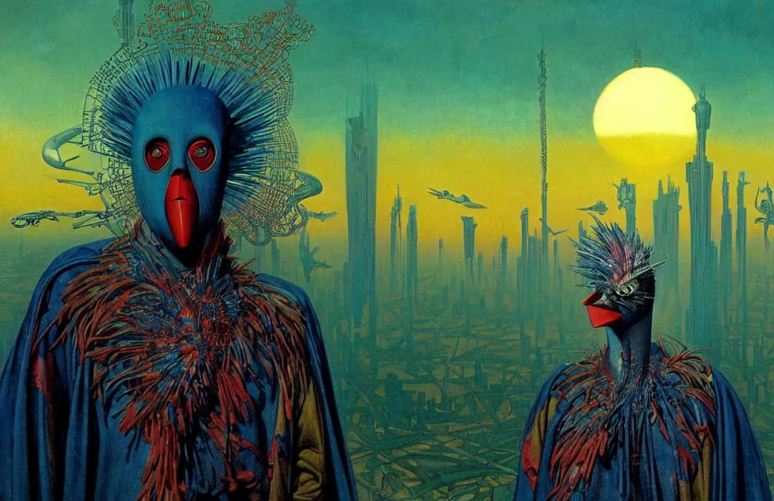 Image similar to realistic detailed portrait movie shot of a birdman wearing dark ragged robes, futuristic city sunset landscape background by denis villeneuve, amano, yves tanguy, alphonse mucha, ernst haeckel, max ernst, roger dean, rich moody colours, blue eyes