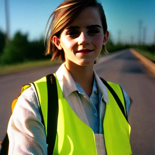 Image similar to photo, close up, emma watson in a hi vis vest picking up trash on the side of the interstate, portrait, kodak gold 2 0 0,